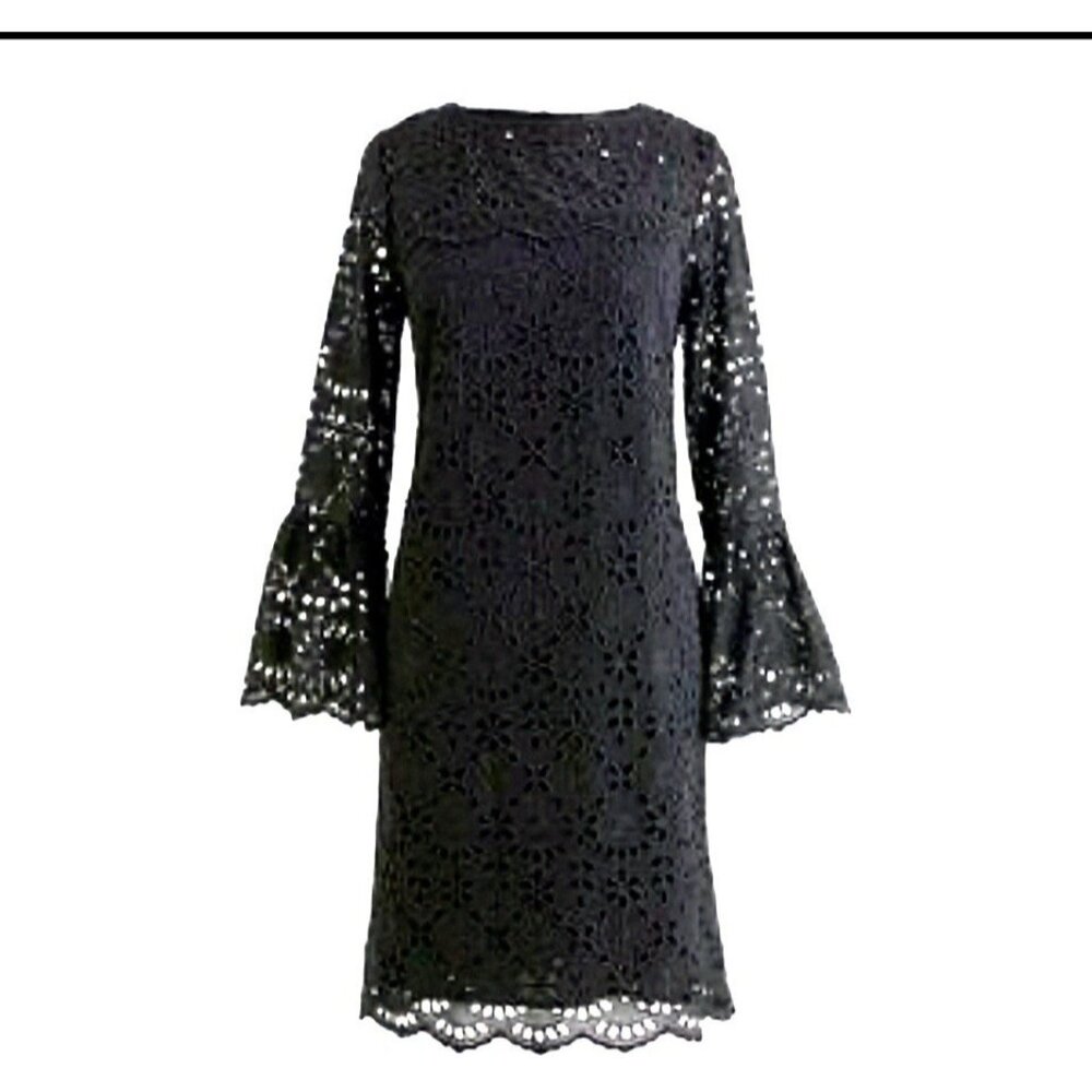 J‎ CREW Black Embroidered Eyelet Bell Sleeve Shift Dress Size 4 Dark Fairy Boho
